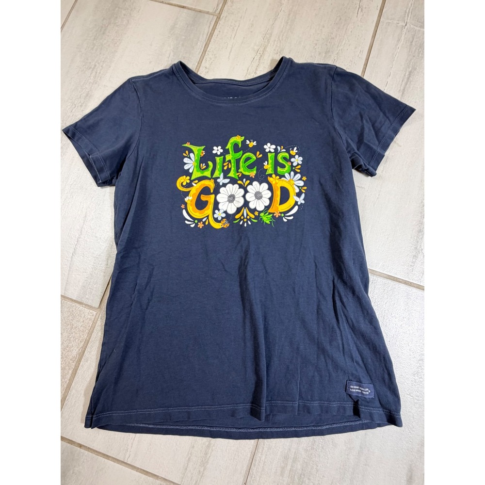 Life is Good Womens Crusher Tee Navy Blue Floral Graphic T-Shirt Size M